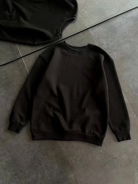 Kışlık Bisiklet Yaka Üç İplik Basic SweatShirt - Siyah - Resim 4