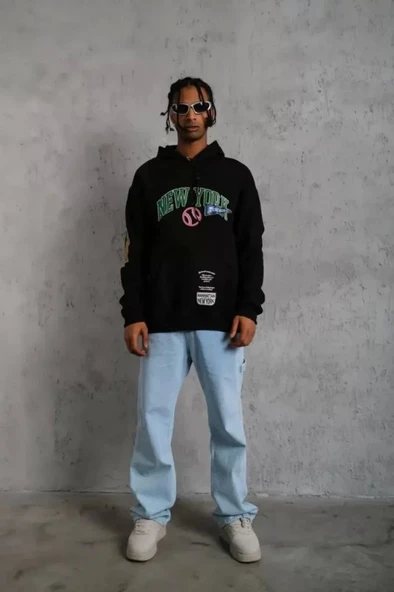 Erkek Baskılı Kapüşonlu Sweatshirt - Siyah - Resim 2
