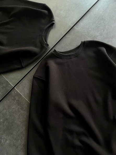 Kışlık Bisiklet Yaka Üç İplik Basic SweatShirt - Siyah - Resim 3