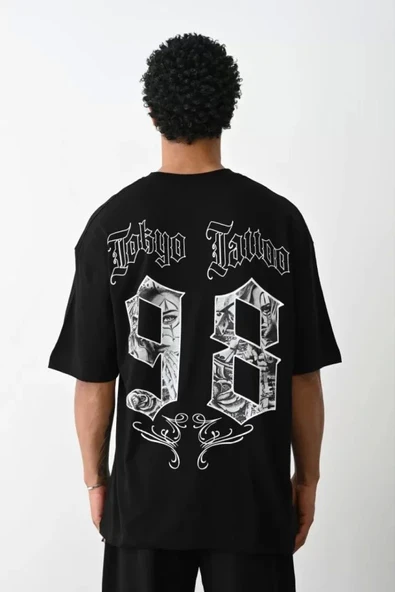 Unisex Baskılı Oversize T-Shirt - Siyah ürün görseli 1