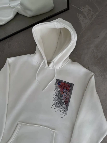 Uzun Kol Kapşonlu Ön Ve Arka Baskılı SweatShirt - Beyaz ürün görseli 1
