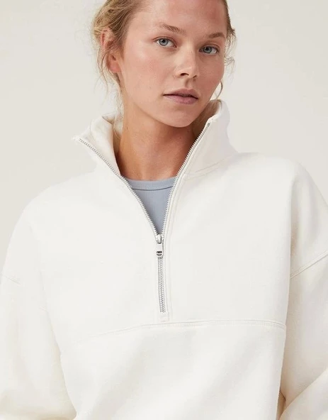 Oversize Yarım Farmuarlı Yakalı Basic SweatShirt - Beyaz - Resim 4