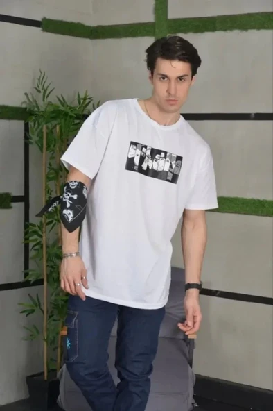 Unisex Bisiklet Yaka Baskılı Oversize T-Shirt - Beyaz ürün görseli 1