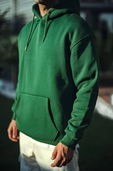 Üç İplik Penye Kapşonlu Basic SweatShirt - Haki - Resim 3