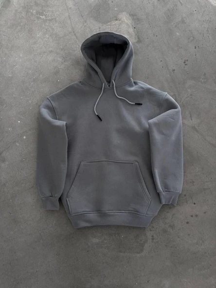 Kapşonlu Üç İplik Penye Basic SweatShirt - Boyalı Gri - Resim 2