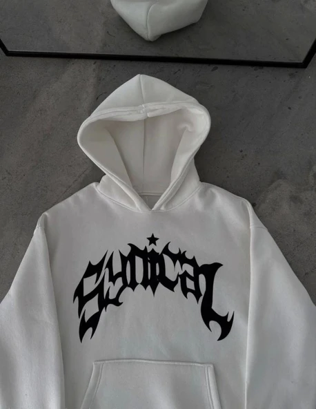 Kışlık Kapşonlu Baskılı Oversize SweatShirt- Beyaz ürün görseli 1