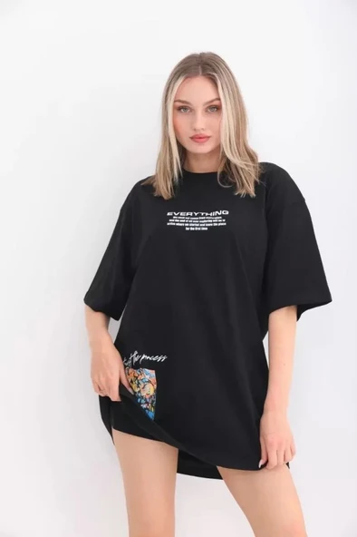 Unisex Bisiklet Yaka Baskılı Oversize T-Shirt - Siyah ürün görseli 1