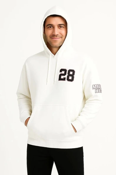 Üç İplik Kapüşonlu Ön Ve Arka Baskılı SweatShirt Hoodie - Beyaz ürün görseli 1