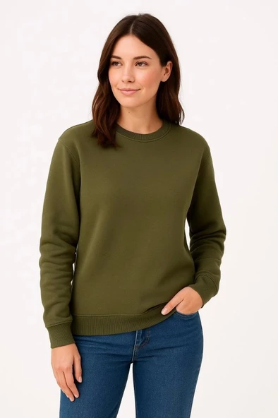 Üç İplik Düz Bisiklet Yaka SweatShirt - Haki ürün görseli 1