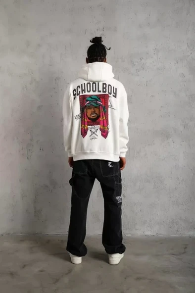 Erkek SCHOOL BOY Baskılı Kapüşonlu Sweat - Beyaz - Resim 3