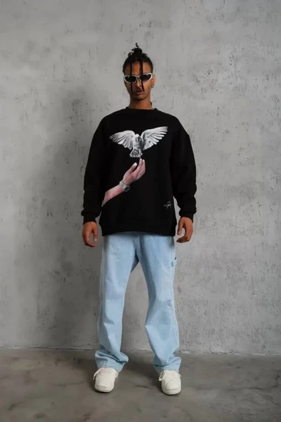 Erkek Güvercin Baskılı Sweatshirt - Siyah - Resim 2