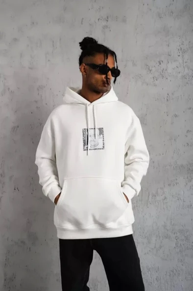 Erkek Ön Arka Baskılı Kapşonlu Sweat - Beyaz ürün görseli 1