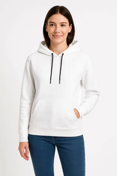 Üç İplik Kapüşonlu Kanguru Çepli SweatShirt Hoodie - Beyaz ürün görseli 1
