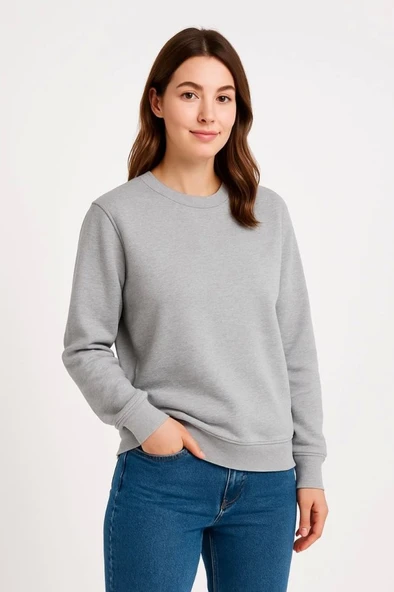 Üç İplik Düz Bisiklet Yaka SweatShirt - Gri ürün görseli 1