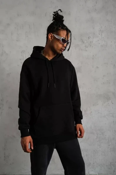 Erkek Düz Kapüşonlu Sweat - Siyah - Resim 4