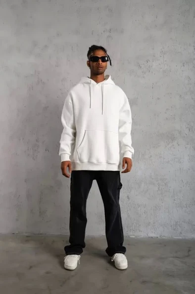 Erkek Düz Kapüşonlu Sweat - Beyaz - Resim 4