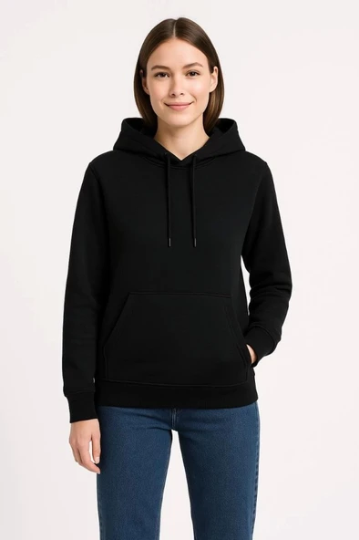 Üç İplik Kapüşonlu Kanguru Çepli SweatShirt Hoodie - Siyah ürün görseli 1