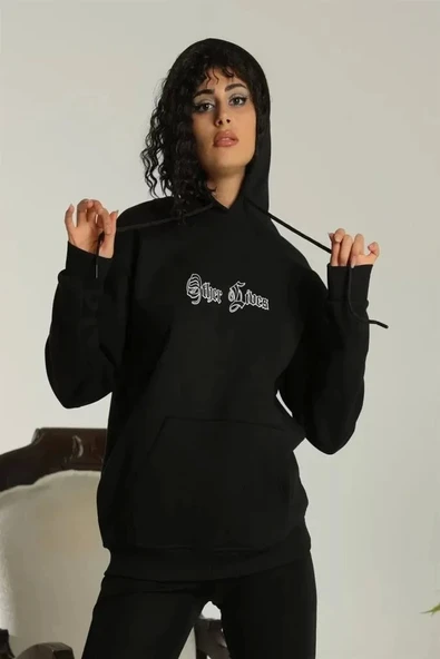 Sırt Baskılı Oversize Üç İplik Kapüşonlu Sweatshirt - Siyah ürün görseli 1