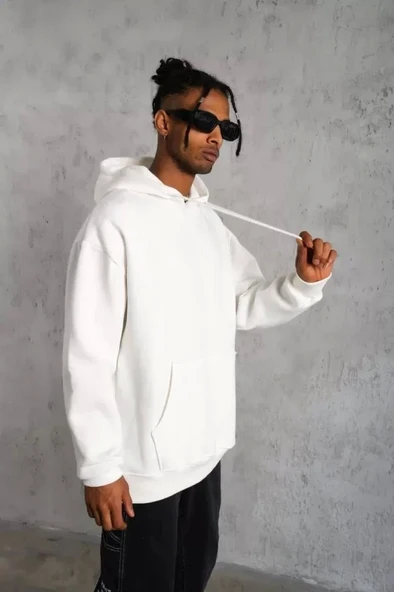Erkek Düz Kapüşonlu Sweat - Beyaz - Resim 2