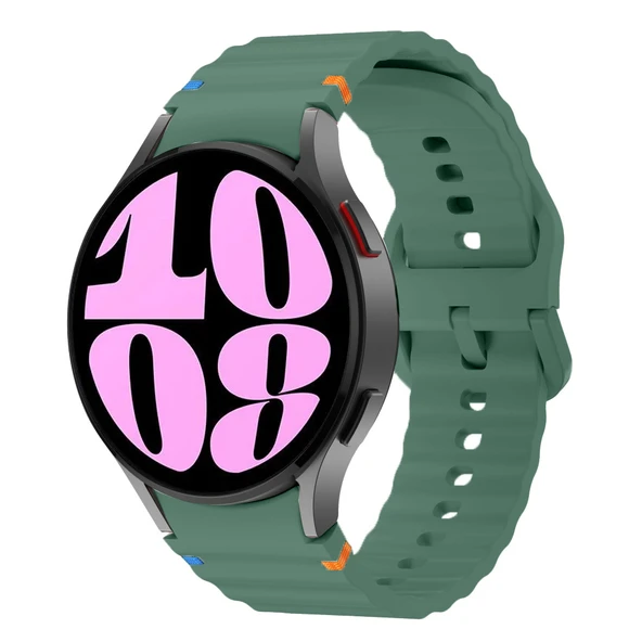 Samsung Galaxy Watch 6 40-43-44-47mm İle Uyumlu Metal Tokalı Dalgalı Spor Silikon Kordon  Koyu Yeşil ürün görseli 1