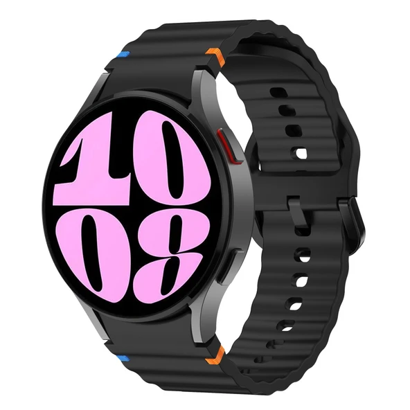 Samsung Galaxy Watch 6 40-43-44-47mm İle Uyumlu Metal Tokalı Dalgalı Spor Silikon Kordon  Siyah ürün görseli 1