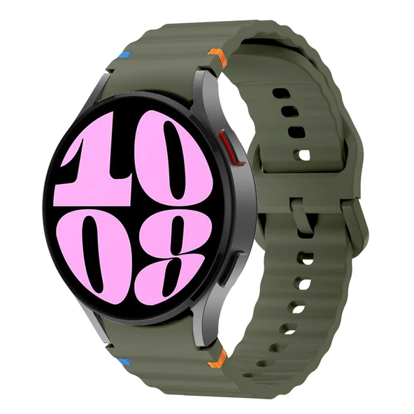 Samsung Galaxy Watch 6 40-43-44-47mm İle Uyumlu Metal Tokalı Dalgalı Spor Silikon Kordon  Haki ürün görseli 1