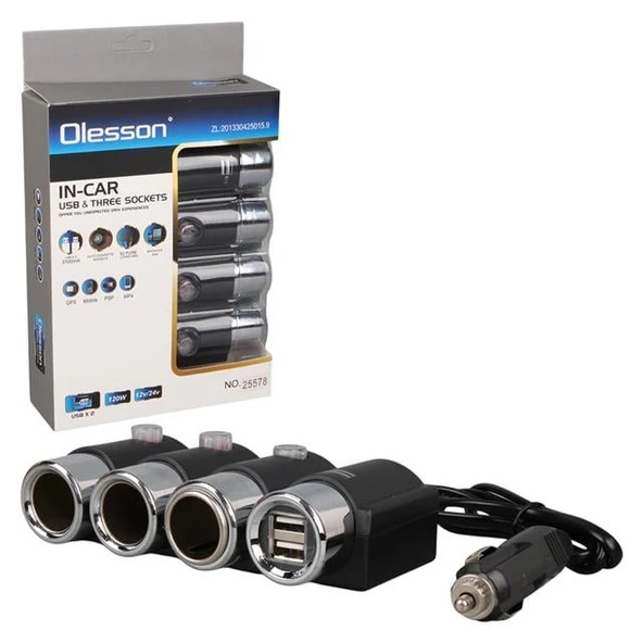 Olesson 1508 12-24V Çift USB Girişli 120W 80Cm Kablolu 3'Lü Araç Çakmak Çoklayıcı ürün görseli 1