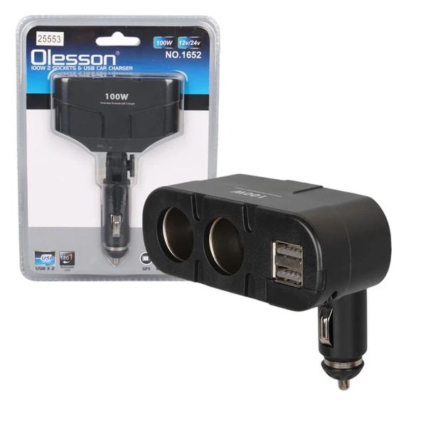 Olesson 1652 12-24V Çift USB Girişli 100W 2'Li Araç Çakmak Çoklayıcı ürün görseli 1