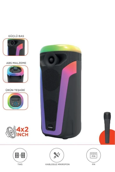 D69 Siyah RGB Ledli Kablosuz Mikrofonlu Radyolu Taşınabilir Bluetooth Hoparlör Parti Speaker ürün görseli 1
