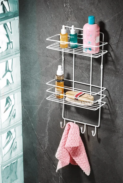 2 Katlı Beyaz Kancalı Banyo Duş Rafı, Şampuanlık, Lif/Kese Askılı, Paslanmaz Metal, Banyo Düzenleyici - (TŞ-02) ürün görseli 1