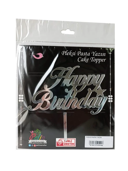 Happy Birthday Yazılı Aynalı Pleksi Gümüş ürün görseli 1