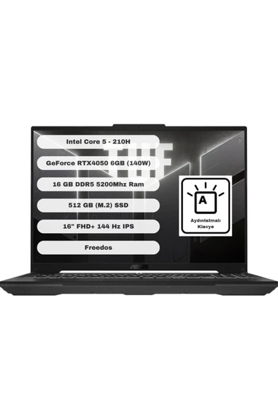 ASUS TUF Gaming Intel Core 5 210H 16GB 512GB SSD RTX4050 Freedos 16" FHD+ FX607VU-RL017 ürün görseli 1