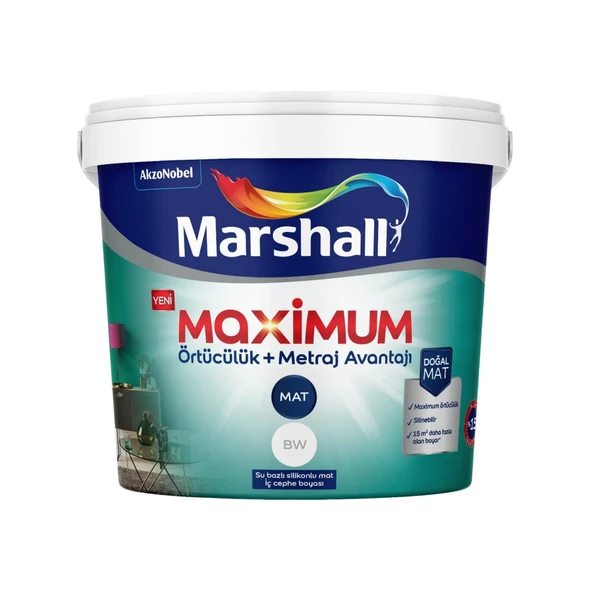 MARSHALL MAXİMUM MAT SİLİKONLU SİLİNEBİLİR İÇ CEPHE BOYASI 15 LT ürün görseli 1