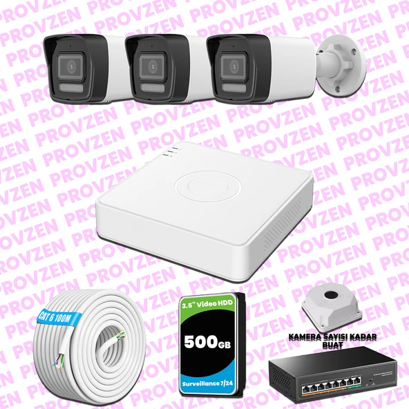 Provzen Hikvision 3 Kameralı IP 1080P ColorVu Güvenlik Kamerası Mikrofonlu Olay Anında bildirim ürün görseli 1