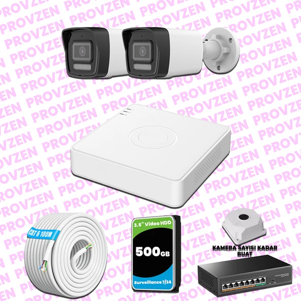 Provzen Hikvision 2 Kameralı IP 1080P ColorVu Güvenlik Kamerası Mikrofonlu Olay Anında bildirim ürün görseli 1