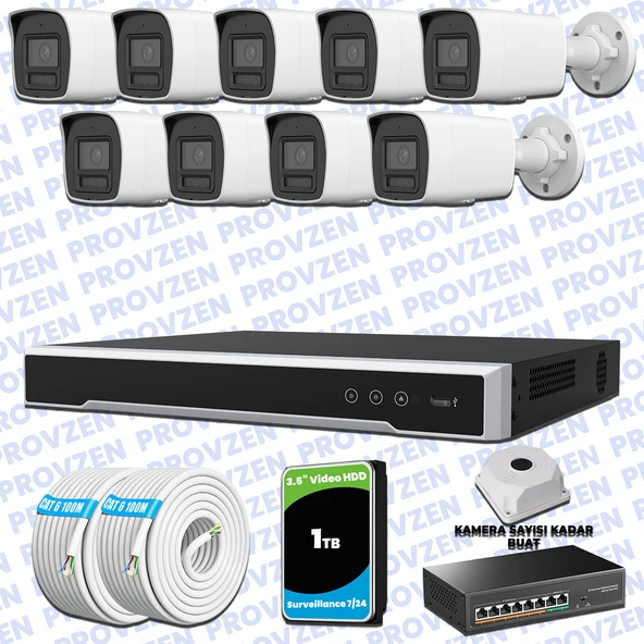 Provzen Hikvision Hibrit IP ColorVu 9 Kameralı Güvenlik Kamerası Mikrofonlu  Olay Anında bildirim ürün görseli 1