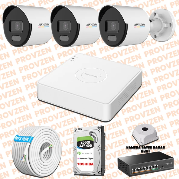 Provzen Hikvision 3 IP Kamera 7/24 Renkli Mikrofonlu Güvenlik Kamerası Olay Anında bildirim ürün görseli 1