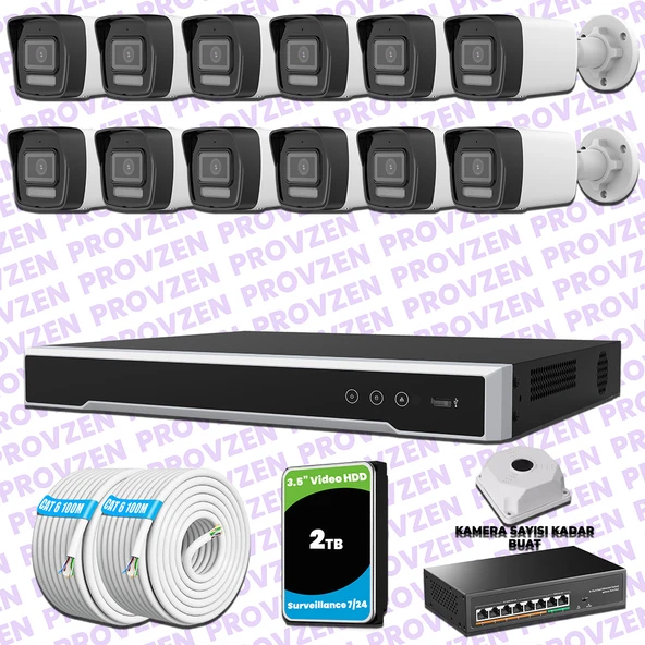Provzen Hikvision 12 IP 4MP Hibrit ColorVu Güvenlik Kamerası Seti Olay Anında bildirim ürün görseli 1
