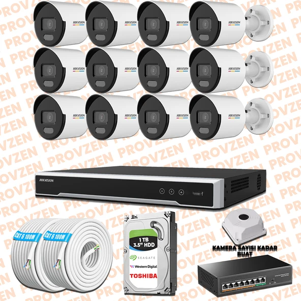 Provzen Hikvision 12 IP Kamera 7/24 Renkli Mikrofonlu Güvenlik Kamerası Olay Anında bildirim ürün görseli 1