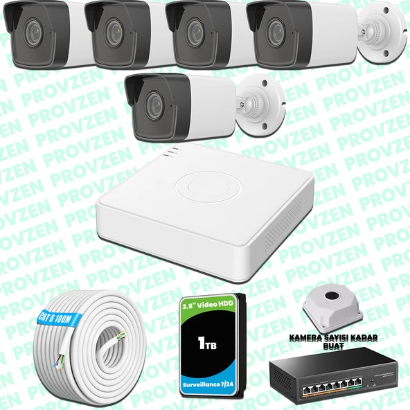 Provzen Hikvision 5 Kameralı IP 1080P Mikrofonlu Güvenlik Kamerası Olay Anında bildirim ürün görseli 1