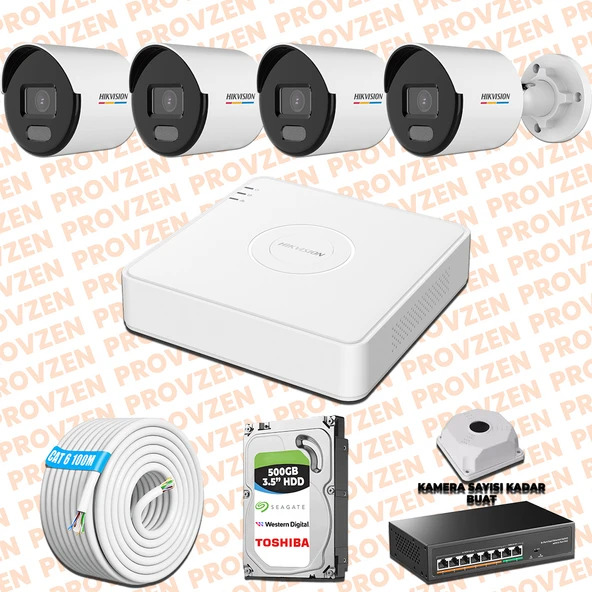 Provzen Hikvision 4 IP Kamera 7/24 Renkli Mikrofonlu Güvenlik Kamerası Olay Anında bildirim ürün görseli 1