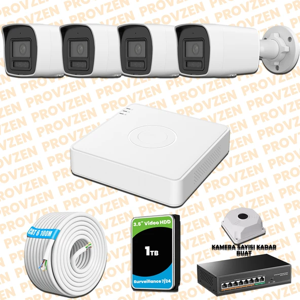Provzen Hikvision 4 Kameralı 4MP IP Hibrit ColorVu Güvenlik Kamerası Mikrofonlu  Olay Anında bildirim ürün görseli 1