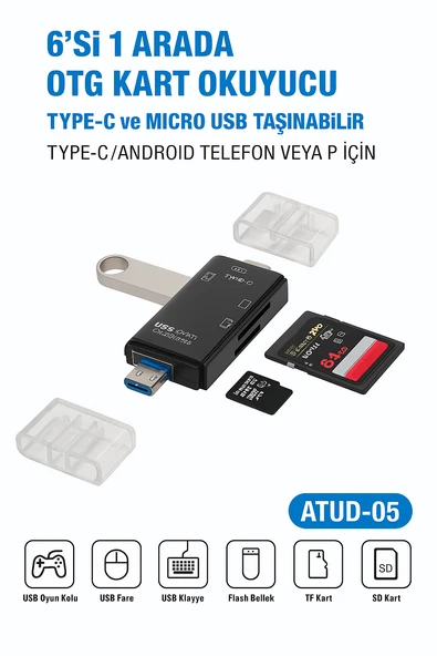 Çok Fonksiyonlu 6 in 1 OTG Kart Okuyucu Telefon Tablet PC Uyumlu ürün görseli 1
