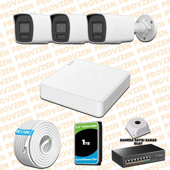 Provzen Hikvision 3 Kameralı 4MP IP Hibrit ColorVu Güvenlik Kamerası Mikrofonlu  Olay Anında bildirim ürün görseli 1