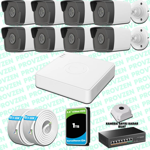 Provzen Hikvision 8 Kameralı IP 1080P Mikrofonlu Güvenlik Kamerası Olay Anında bildirim ürün görseli 1