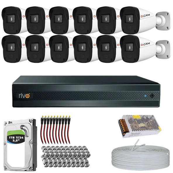 RİVO Dcam 12 Kameralı 40 Metre Gece Görüşlü Set 1TB 7/24 Hdd ürün görseli 1