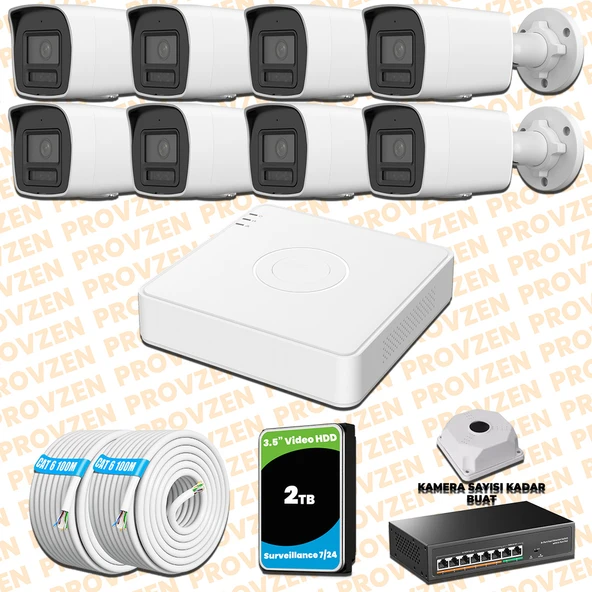 Provzen Hikvision 8 Kameralı 4MP IP Hibrit ColorVu Güvenlik Kamerası Mikrofonlu  Olay Anında bildirim ürün görseli 1