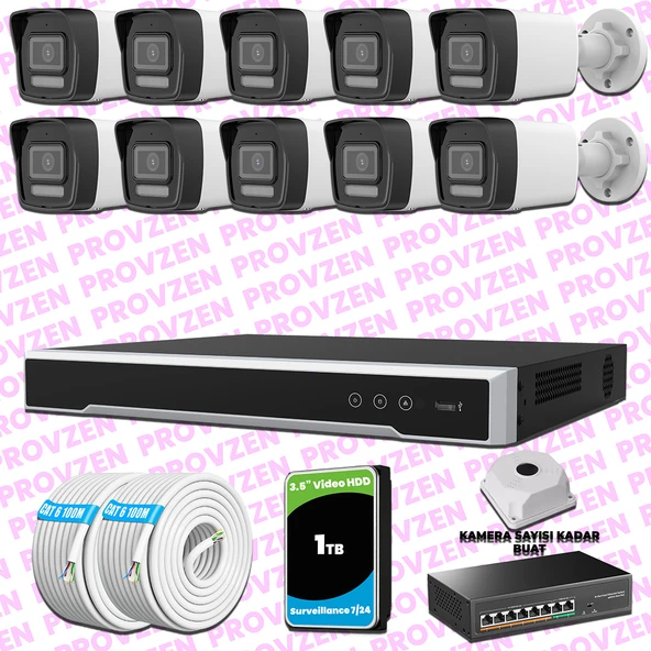 Provzen Hikvision 10 Kameralı IP 1080P ColorVu Güvenlik Kamerası Mikrofonlu Olay Anında bildirim ürün görseli 1