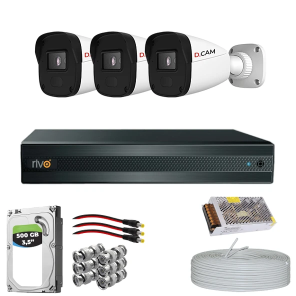 RİVO Dcam 3 Kameralı 40 Metre Gece Görüşlü Set 500GB Hdd ürün görseli 1