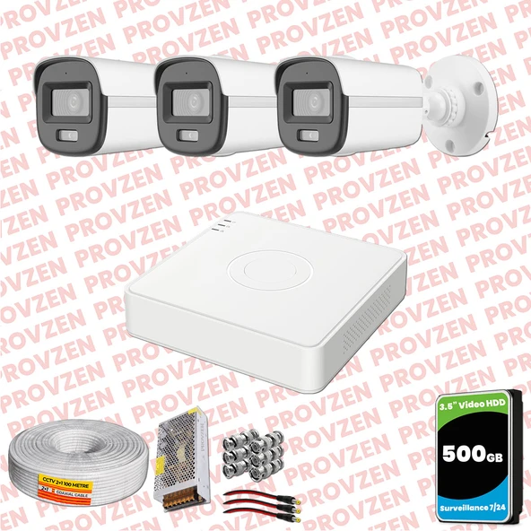 Provzen Hikvision ColorVu Full HD 3 Kameralı Gece Renkli Güvenlik Kamerası Olay Anında bildirim ürün görseli 1